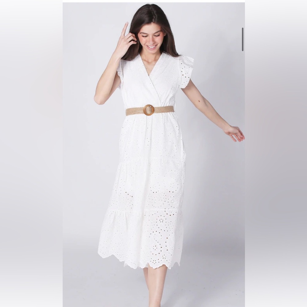 Chic White Eyelet Midi Dress with Belt